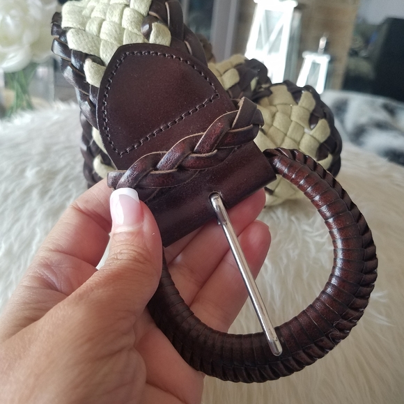 Genuine Leather Trim Woven Braided Brown & Cream Colorblock Belt from London main image 5